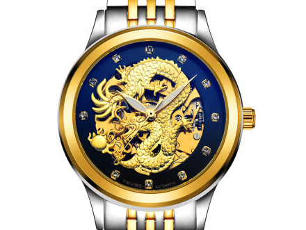 中国龙金表机械精钢夜光男表(间金黑面)